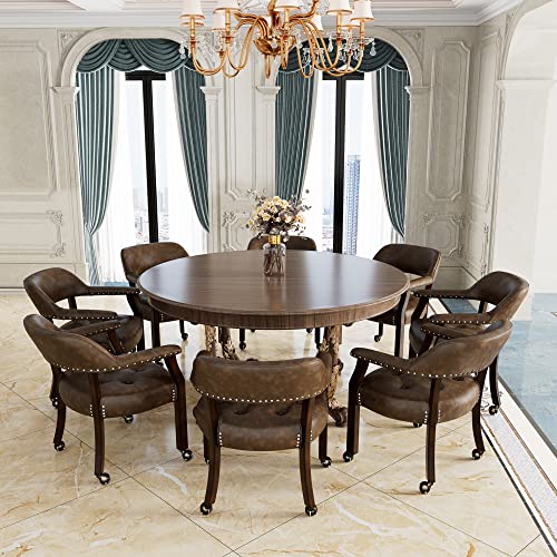 Set of 4 Dining Leather Chairs with Casters & Arms, Accent Captain Chair with Wheels, Roller Wood Wheeled Chairs for Kitchen & Game Poker Table,Espresso&Brown 1910BN(NO Table!) - color: Espresso&brown