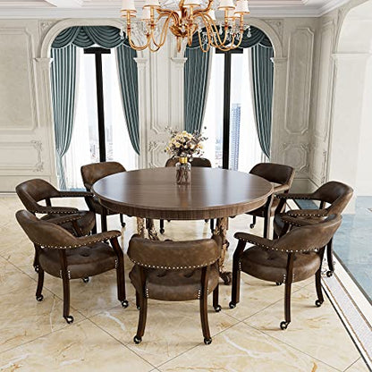 Set of 4 Dining Leather Chairs with Casters & Arms, Accent Captain Chair with Wheels, Roller Wood Wheeled Chairs for Kitchen & Game Poker Table,Espresso&Brown 1910BN(NO Table!) - color: Espresso&brown