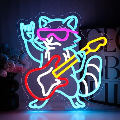 Raccoon Guitar Neon Sign for Wall Decor, Cool Guitarist Led Signs for Bedroom, USB Dimmable Cute Animal Neon Lights for Bar Live Music Concert Club Game Room Studio Party Home Decoration - style: Raccoon Guitar