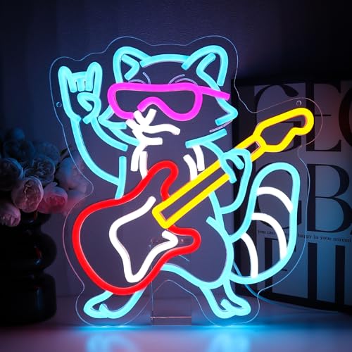 Raccoon Guitar Neon Sign for Wall Decor, Cool Guitarist Led Signs for Bedroom, USB Dimmable Cute Animal Neon Lights for Bar Live Music Concert Club Game Room Studio Party Home Decoration - style: Raccoon Guitar