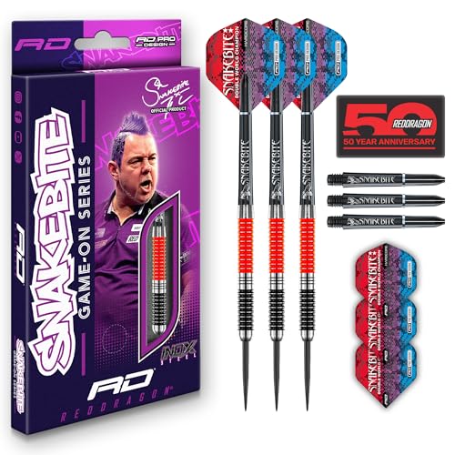 RED DRAGON Game On Professional Player Series Steel Tip Darts Set - Stainless Steel Darts with VRX Shafts & Flights - Available in Iceman, Coolhand & Snakebite Styles - style: Snakebite