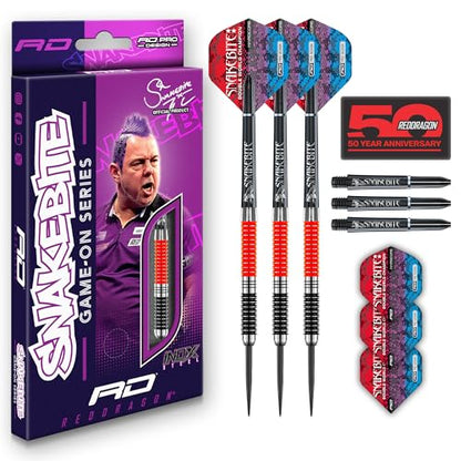 RED DRAGON Game On Professional Player Series Steel Tip Darts Set - Stainless Steel Darts with VRX Shafts & Flights - Available in Iceman, Coolhand & Snakebite Styles - style: Snakebite