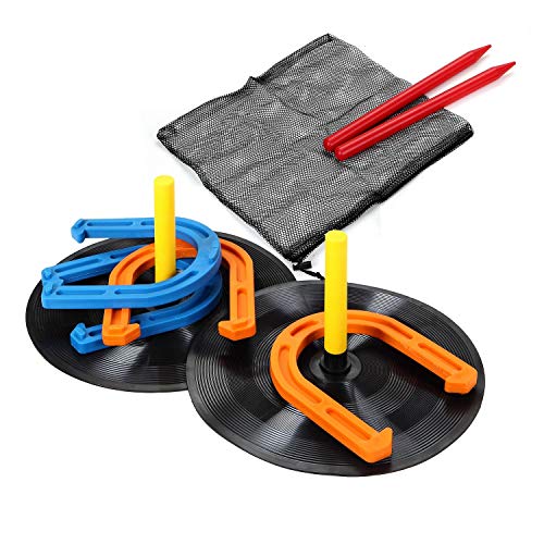 Outdoor Indoor Rubber Horseshoes Set - Win SPORTS Includes 4 Horseshoes,2 Pegs,2 Rubber Mats,2 Red Plastic dowels,Beach Games Perfect for Tailgating,Camping,Backyard,Fun for Kids Adults