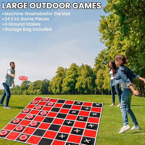 2 in 1 Giant Checkers & Large Tic Tac Toe Game Set (4.6ft x 4.6ft), Jumbo Checkers Outdoor Lawn Games with Chess Board Mat & 4 Ground Stakes, Giant Indoor Outdoor Games for Kids, Yard, Camping Party