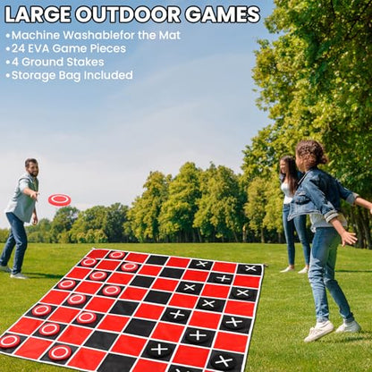 2 in 1 Giant Checkers & Large Tic Tac Toe Game Set (4.6ft x 4.6ft), Jumbo Checkers Outdoor Lawn Games with Chess Board Mat & 4 Ground Stakes, Giant Indoor Outdoor Games for Kids, Yard, Camping Party