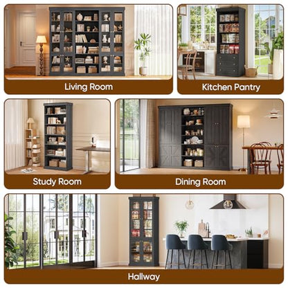 Vyre 70.8" Tall Black Bookshelf with Glass Doors, Farmhouse Modular Bookcase with 6-Tier Adjustable Shelves, Large Storage Cabinet for Home Office, Living Room, Set of 2 - color: Black