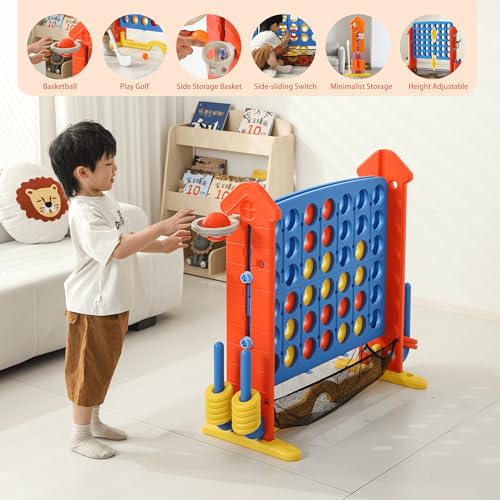 4-to-Score Giant Game Set, 4-in-1 Indoor Outdoor Yard Family Connect Game (4-in-a-Row + Basketball + Ring Toss + Mini Golf), Height Adjustable 2.5–3.3FT, Includes Carry Bag - size: 43"x16"x38"-Orange&Blue