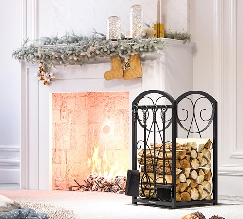 Kingson Firewood Rack Indoor Wood Holders Fireplace Tool Rack Outdoor Log Holder Rack Lumber Storage Stacking Fireplace Tools Set Wood Stove Accessories Black