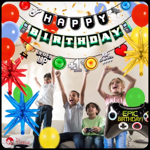 Pirese Video Game Birthday Decorations, Gaming Birthday Party Decorations for Boys, Gamer Birthday Banner & Party Supplies, Pre-Strung Game On Level Up Banner, Controller & Starburst Balloons for Kids