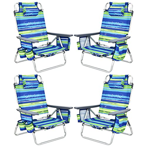 Tangkula Set of 4 Backpack Beach Chair, 5-Position Lay Flat Beach Chairs with Cooler Bag, 2 Cup Holders, Towel Bar, Lightweight Folding Beach Chair with Backpack Straps - color: Blue, style: 4 Pack