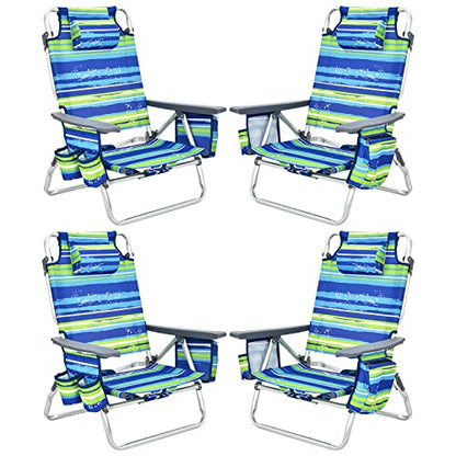 Tangkula Set of 4 Backpack Beach Chair, 5-Position Lay Flat Beach Chairs with Cooler Bag, 2 Cup Holders, Towel Bar, Lightweight Folding Beach Chair with Backpack Straps - color: Blue, style: 4 Pack