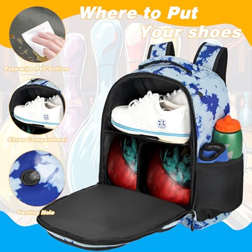 Goloni 2 Ball Bowling Backpack,Bowling Ball Bag with Shoe Compartment & Portective Foam Padded, Fits Shoes Up to US Size 16 - color: Blue Tie Dye