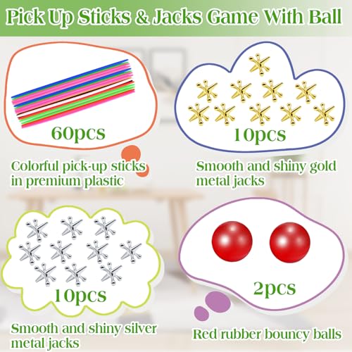 ZeeDix Jacks Game and Pick Up Sticks, 60 Pcs Sticks and 20 Pcs Metal Jax with 2 Pcs Red Rubber Balls, Gold and Silver Metal Jacks, Classic Fun Game Gift of Jacks for Family - style: 2 Set