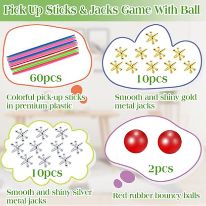 ZeeDix Jacks Game and Pick Up Sticks, 60 Pcs Sticks and 20 Pcs Metal Jax with 2 Pcs Red Rubber Balls, Gold and Silver Metal Jacks, Classic Fun Game Gift of Jacks for Family - style: 2 Set