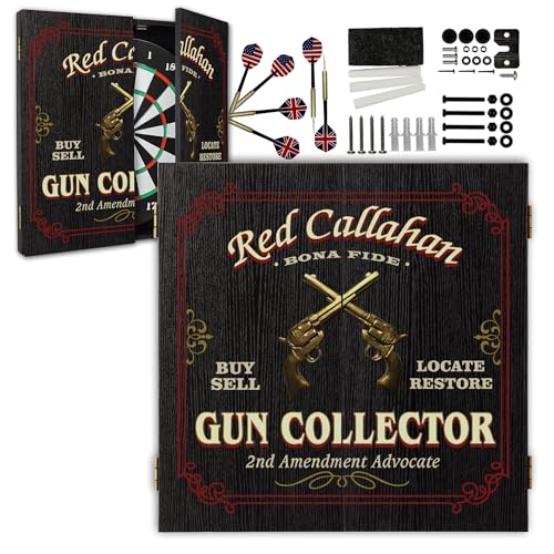 Personalized Dart Board Cabinet Set with 6 Steel Tip Darts, Paper Fibre Dartboard, Chalk & Eraser (21.5 x 21.5 x 2.75") - Occupational Man Cave Dart Boards for Adults - Gun Collector (411) - style: Gun Collector Dartboard & Cabinet Set