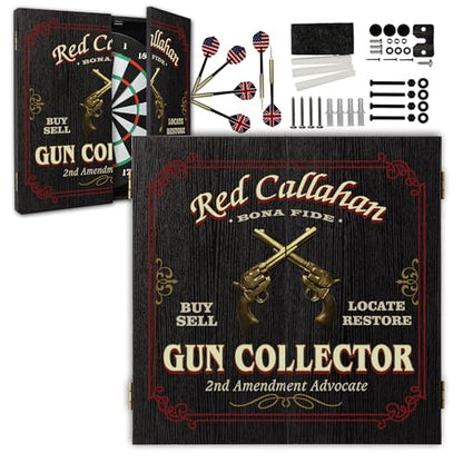 Personalized Dart Board Cabinet Set with 6 Steel Tip Darts, Paper Fibre Dartboard, Chalk & Eraser (21.5 x 21.5 x 2.75") - Occupational Man Cave Dart Boards for Adults - Gun Collector (411) - style: Gun Collector Dartboard & Cabinet Set