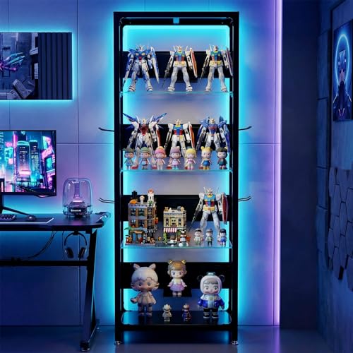 4-Tier Glass Display Shelf for Collectibles, Display Case with LED Lights and Open Glass Storage Shelf, Lighted Tall Narrow Shelf, Metal Curio Cabinet with Hooks for Gaming Room, Living Room, Bedroom - size: 65 x 23.6 x 13.8 in -4-Tier