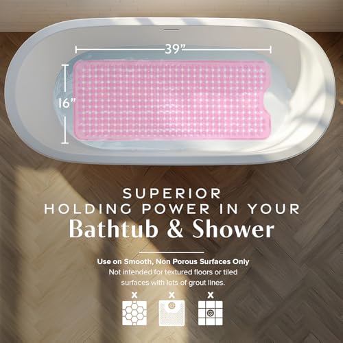SlipX Solutions Power Grip 39x16 Bathtub & Shower Mat | Premium Non-Slip Bath Safety | Clear Pink - color: Clear Pink