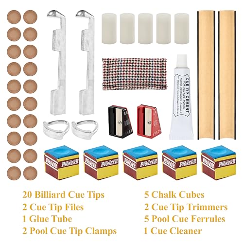 Barrington Billiards 38-Piece Pool Cue Tip Repair Kit with 13 mm Cue Tips, Ferrules, Aluminum Clamps, Tip Shapers, Glue, Chalk, and Cleaner for DIY Cue Tip Replacement and Repair