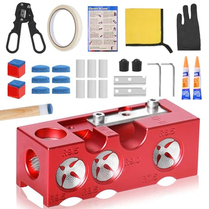 11-in-1 Aluminum Alloy Pool cue Tips Replacement kit,Pool cue tip Shaper,Professional Cue Stick Tool Kit,Pool cue Shaper Accessories for Replacement and Shaping Cue Tips (Red)