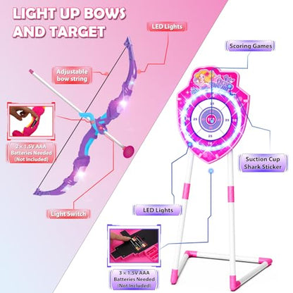 VATOS 2 Pack Bow and Arrow Toy with LED Light - 4 in 1 Archery & Dart Game Set with 20 Suction Cup Arrows, Mermaid Glow Target & Dart Board - Indoor/Outdoor Birthday Gift for Kids Boys Girls Ages 5-12 - color: Pink