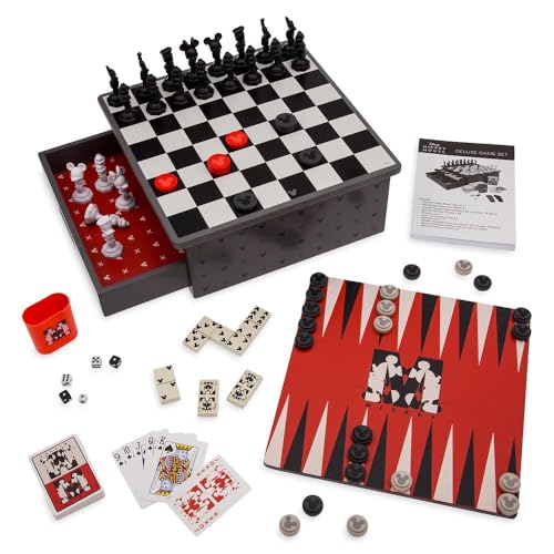 Disney Store Dolls & Games Mickey Mouse Deluxe Game Set - Includes Disney Chess Set, Checkers Pieces, Backgammon Board, Playing Cards, Poker Chips, Dice & Shaker Cup in Self-Contained Wooden Box