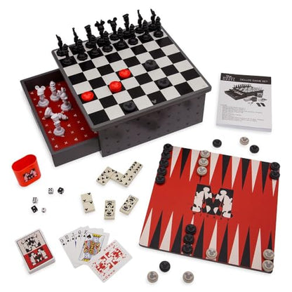 Disney Store Dolls & Games Mickey Mouse Deluxe Game Set - Includes Disney Chess Set, Checkers Pieces, Backgammon Board, Playing Cards, Poker Chips, Dice & Shaker Cup in Self-Contained Wooden Box