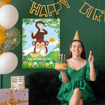 Faccito Jungle Animal Games Pin The Tail on The Monkey Safari Animal Birthday Party Games with Monkey Poster 24 Pcs Tail Stickers and Blindfold for Safari Jungle Zoo Forest Party Decorations Supplies - style: Animal