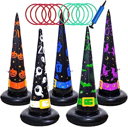 Poptrend 5PK Halloween Toys Halloween Games Inflatable Witch Hat Ring Toss Game, Inflatable Ring Toss Game with Air Pump. Games Toys for Kids Adults, Halloween Decorations (Witch Hat, 5PK)