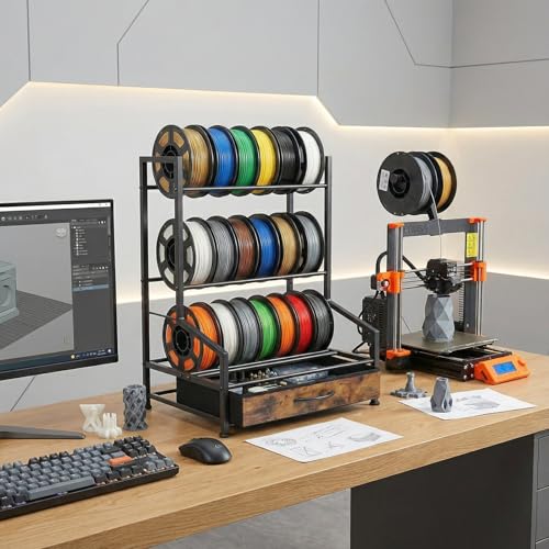 3D Printer Filament Storage Rack with Fabric Drawer | Dust-Proof Build, Fits PLA ABS TPU Nylon, Sturdy Spool Holder, Ideal for Organized 3D Printing Workshop & Home Studio