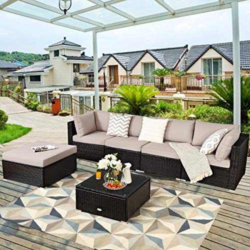 Tangkula 6 Piece Patio Furniture Set, Outdoor Deck Lawn Backyard Durable Steel Frame PE Rattan Wicker Sectional Sofa Set, Conversation Set with Coffee Table (Beige) - color: Beige, size: 6 Pieces