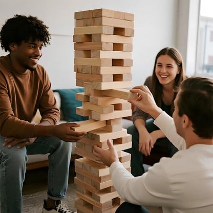 ApudArmis Giant Tumble Tower Stack to Over 5.2Ft, 60 PCS Pine Wooden Stacking Timber Tower,Classic Block Giant Outdoor Indoor Game for Adults, Fun Game at Backyard, Lawn, Party with Family & Friends - color: Burlywood