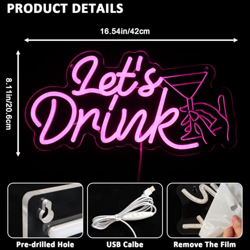 Let's Drink Neon Sign for Wall Decor, Pink Led Signs for Cocktail Bar, USB Dimmable Cocktails Neon Lights for Beer Bar Kitchen Restaurant Home Pub Party Man Cave Club Shops Business - style: Lets Drink