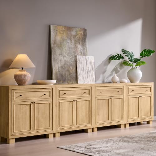 ACCOHOHO Modern Farmhouse Buffet Cabinet, 126" Sideboard Credenza, Modular Storage Cabinet with Framed Panel Fronts, Adjustable Shelves & Dual Base Design, Natural Oak - color: Natural Oak, size: 4 Piece
