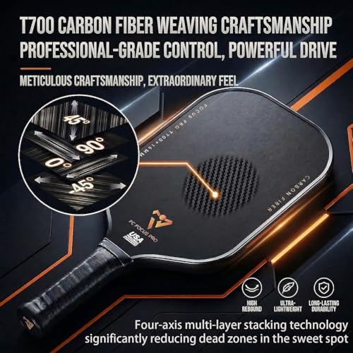 T700 Carbon Fiber Pickleball Paddle, Pickleball Set 16mm Pickle Ball Rackets with CMS Matte Surface Lightweight Honeycomb Core & Durable Edge Frame Larger Sweet Spot - color: PRO -1 Racket