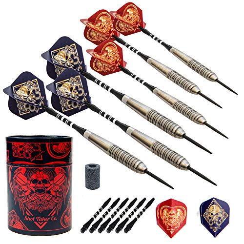 6pc Steel Tip Darts Set - Professional Darts for Dartboard - Includes Barrels + Plastic/Aluminum Shafts + O'Rings + Flights + Sharpener + Wrench - color: 21g-Red Skull-10404