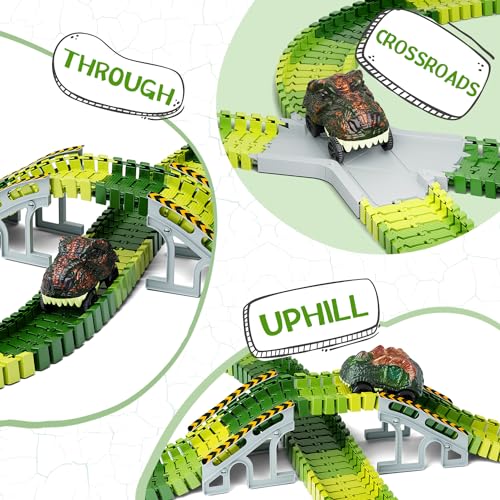 Dinosaur Toys,Create A Dinosaur World Road Race,Flexible Track Playset and 2 pcs Cool Dinosaur car for 3 4 5 6 Year & Up Old boy Girls Best Gift - color: Green