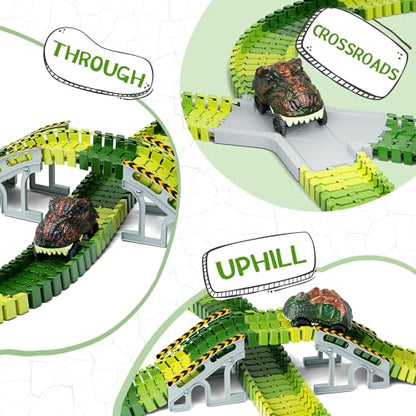 Dinosaur Toys,Create A Dinosaur World Road Race,Flexible Track Playset and 2 pcs Cool Dinosaur car for 3 4 5 6 Year & Up Old boy Girls Best Gift - color: Green