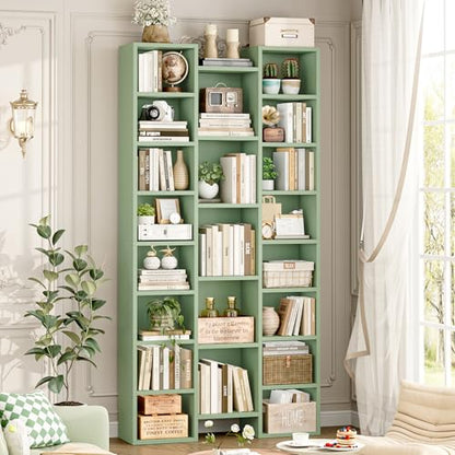 FOTOSOK 71'' Tall Bookshelf with 21 Cubes, 8 Tier Triple Wide Bookshelf with 8 Adjustable Shelves, 35" Large Bookcase DVD/CD Media Tower Storage, Freestanding Display Shelf Cabinet, Green - color: Green