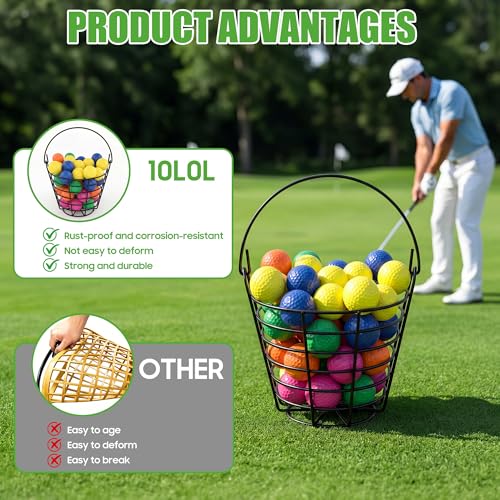 10L0L 2 Pack Metal Golf Ball Basket with Handle, Holds 50 Balls Each, Driving Range Practice Ball Bucket, Black (GolfBalls Not Included)