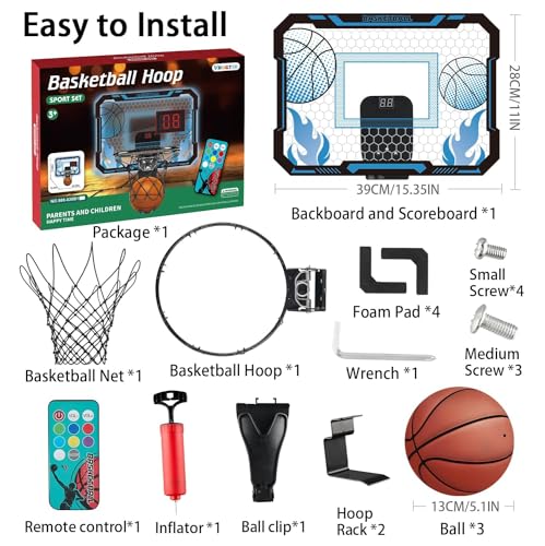 VROGTIK Indoor Basketball Hoop for Kids with Led Lights Mini Basketball Hoop with Remote Control Over The Door Basketball Hoops with Scoreboard Basketball Toys for 4-12 Year Old Boys Girls - style: Blue with Lights