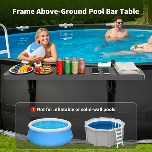 CLICLIET Pool Bar for Above Ground Pool, Pool Side Table with 49"×9.6" Rust-Free ABS Top, Fits 4.4" or Less Top Rail, Holds 110 lbs, Upgrade Swim-Up Portable Poolside Bar Accessories for Frame Pools