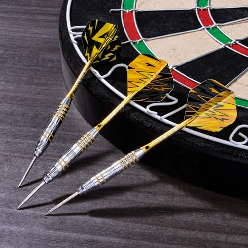 XAWU 3 Pack Steel Tip Darts Set Professional Darts 22g, 24g with 9 Dart Flights 3 Aluminum Shafts 3 Spare Shafts 1 Dart Sharpener 12 Rubber O-Rings Flight Protector and Darts Case - color: 24g Moonlight Yellow
