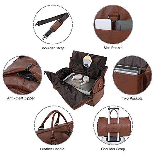 seyfocnia Convertible Travel Garment Bag,Carry on Garment Duffel Bag for Men Women - 2 in 1 Hanging Suitcase Suit Business Travel Bag - color: Brown-2pockets-Leather