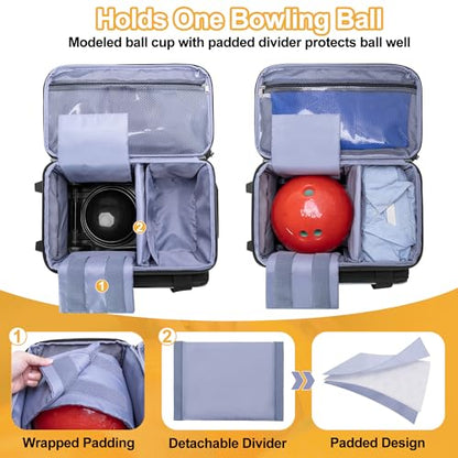GOBUROS Single Ball Roller Bowling Bag with Wheels and Retractable Handle Extends to 35.4 Inches, Single Bowling Ball Bag with Shoe Compartment and Multiple Accessory Pockets, Black and Gray