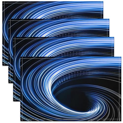 Erosebridal Blue and Black Swirl Place Mat Set of 4-3D Geometric Abstract Art Placemats for Kids Boys Teen, Hole Circle Table Mats 12x18 Inch, Gamer Gaming Table Decor for Party Kitchen - color: Blue Black