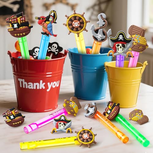 Winrayk Pirate Party Favors, 24Pcs Self-designed Mini Bubble Wands for Kids Bubbles Bulk with Detachable Topper (6 Styles & Colors), Birthday Gift Toy Pinata Filler Goodie Bag Stuffer Classroom Prizes - style: Pirate