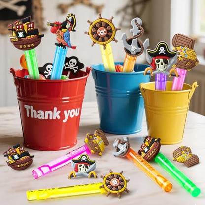 Winrayk Pirate Party Favors, 24Pcs Self-designed Mini Bubble Wands for Kids Bubbles Bulk with Detachable Topper (6 Styles & Colors), Birthday Gift Toy Pinata Filler Goodie Bag Stuffer Classroom Prizes - style: Pirate
