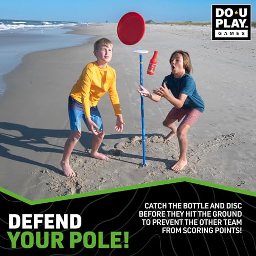 Disc Duel - Ultimate Flying Disc Game Bottle Challenge - Lawn Games Adults and Family - Perfect for Beach, Park, and Tailgating - Polish Horseshoes Set - Dual Use Adjustable Stands - Ages 3+