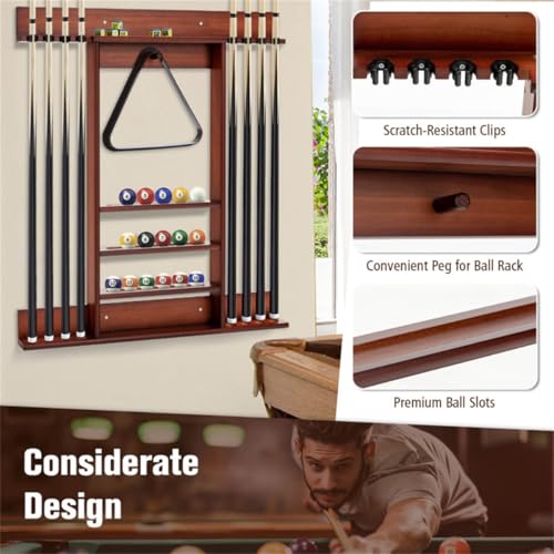 Wall-Mounted Billiards Cue Rack, Wooden Pool Stick Holder 8 Cues & 16 Balls and 5 Storage Compartments, for Game Room Billiard Room Decor Club Pool Table Accessories